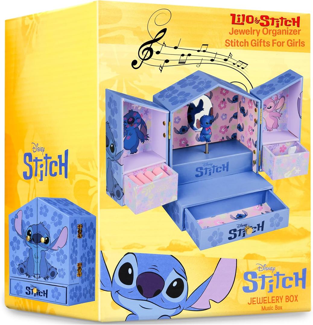 Get Trend Disney Stitch Musical Jewelry Box for Girls with Mirror, Drawers, and Wind Up Music, Jewelry Organizer for Rings, Charms, Gifts for Girls (Blue Stitch) (7.3x5.9x4.3inch)