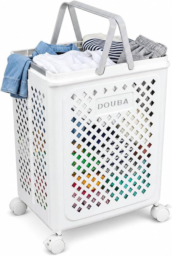 49L Collapsible Laundry Baskets, Plastic Laundry Hamper with Handles, Foldable Laundry Bin, Laundry Basket with Wheels for Laundry Room Organization, Ideal for Clothes, Towels, Blankets, White, 14.2 x 11 x 19.3 inches