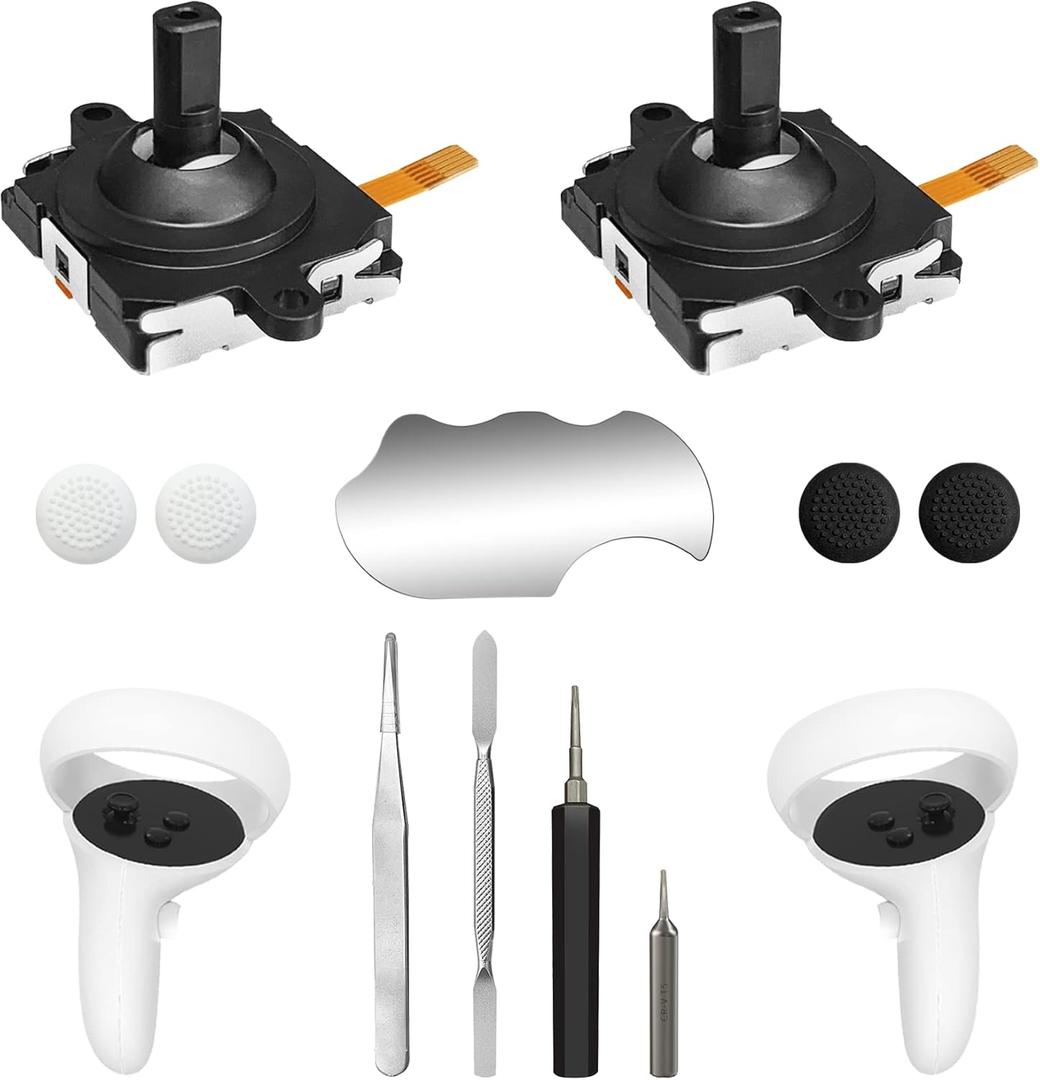 Joystick Replacement Kit for Oculus Quest 2/3 Controller, OLCLSS Repair Accessories for Meta Quest 2/3 Controller, Include 2 Joysticks, T5 Screwdriver, Tweezer, Pry Tool, 4 Thumbstick Grips (Black-11-in-1)