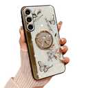 for Samsung Galaxy S23 FE Bling Case Luxury for Women Girls Teens Design Cute Glitter Diamond Rhinestone 3D Butterfly Marble Mirror Fancy Holder Kickstand Phone Cover,GOLD