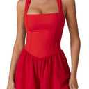QINSEN Women's Tank Top Romper Square Neck Sleeveless Y2k Shorts Jumpsuit Playsuits Red XL