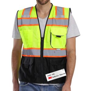 Dib Safety Vest Reflective with Pockets and Zipper, High Visibility Mesh ANSI Class 2, Made with 3M Reflective Tape, Yellow and Black Large