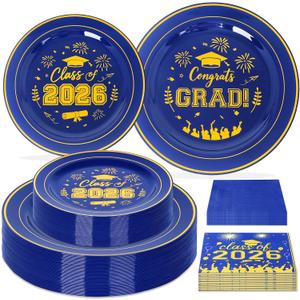 120 Pcs Graduation Plastic Plates,2026 Blue Gold Graduation Disposable Plates with Gold Rim for 30 Guests,30 Dinner Plates 10 inch & 30 Dessert Plates 7 inch Napkins for Party,Holiday