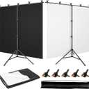 Black White Backdrop Screen with Stand Kit 5x6.5ft for Photo Video Studio, 2-in-1 Revisible Black Backdrop White Screen with T-Shaped Photography Background Support Stand and 5 Clamps