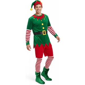 Hillban Mens Christmas Elf Costume Adult Elf Costume Christmas Santa Helper Cosplay Suit with Hat Striped Socks (Medium, Red and Green)