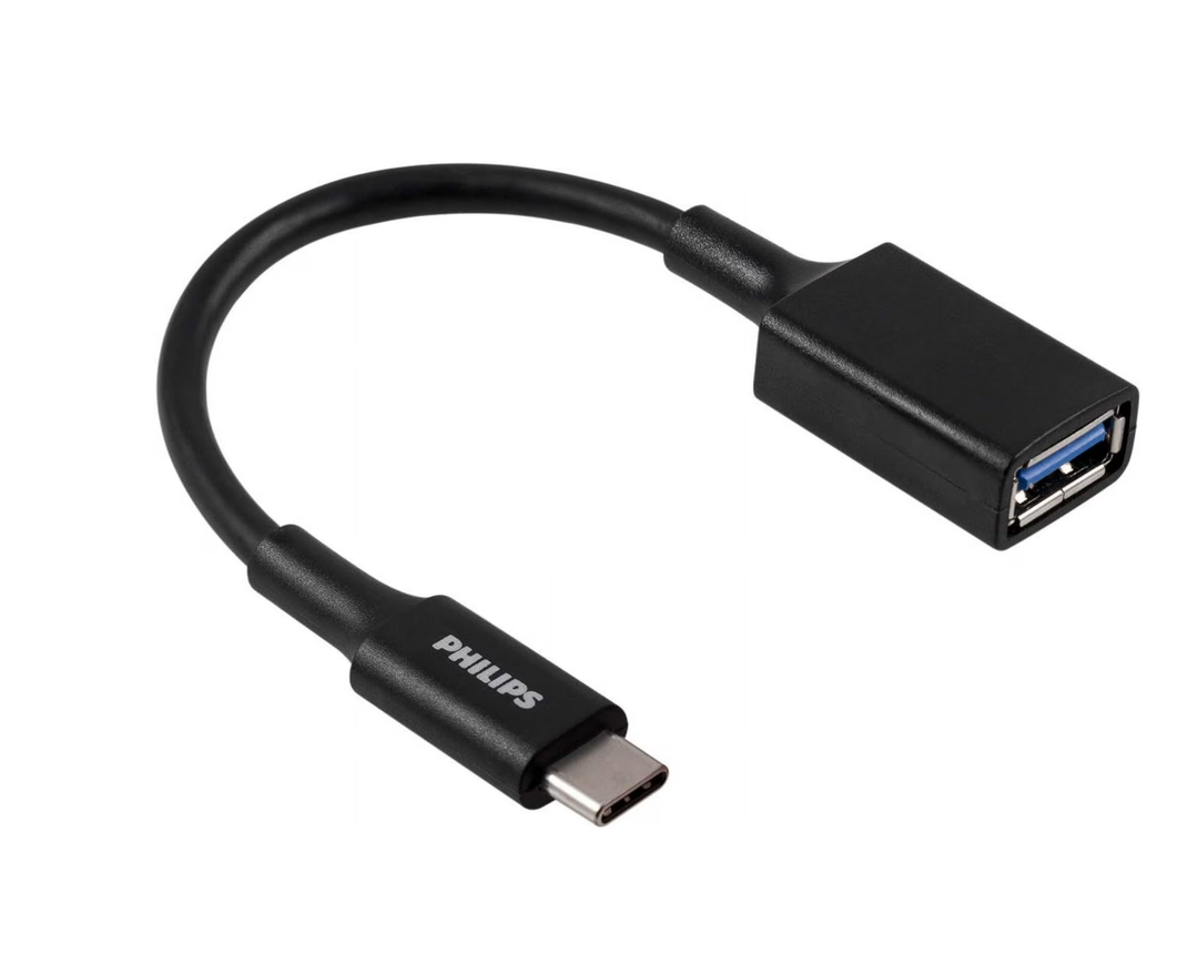 PHILIPS 6 Inch USB-C to USB-A 3.1 Female Adapter, USB-A 3.0 Port, 5 Gbps Transfer Speed, 15W Charging, for iPhone 15/Pro/Max, Galaxy S23/S22/Ultra, Google Pixel, iPad Air/Pro, Black, SWU7113A/27, 3 Ft Audio Cable