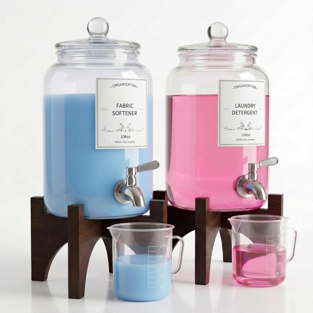 Glass Laundry Detergent Dispenser, 108oz (2 Pack) with Stainless Steel Faucet & Solid Wood Stand - Liquid Soap & Fabric Softener Container for Laundry Room Organization & Storage