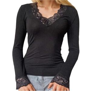 MakeMeChic Women's Floral Lace T Shirt V Neck Long Sleeve Fitted Going Out Tee Tops (Black, XL)