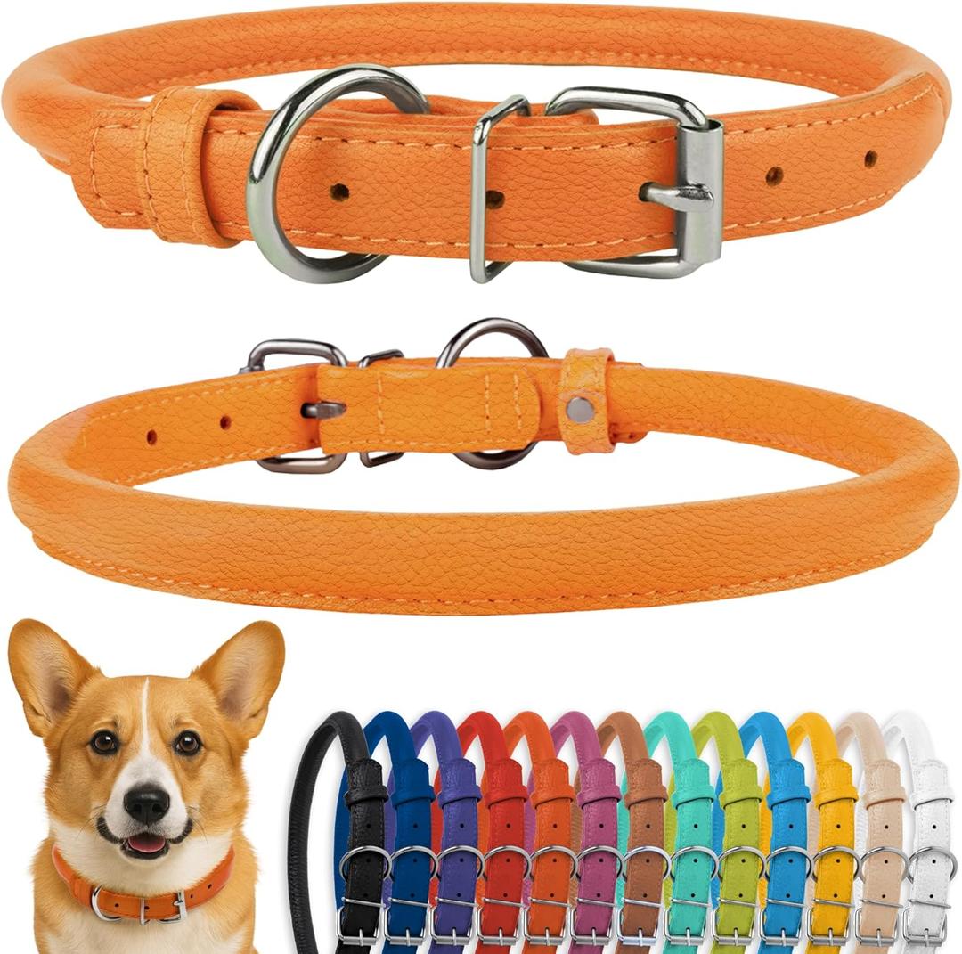 CollarDirect Rolled Leather Dog Collar, Soft Padded Round Puppy Collar, Handmade Genuine Leather Collar Cat Collars 13 Colors (13-16 Inch, Orange Textured)