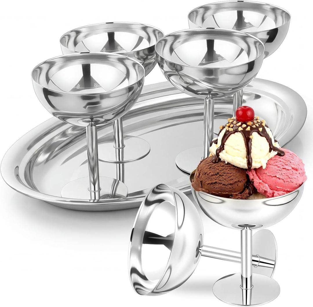 4 Pcs 8 oz Stainless Steel Ice Cream Cups with Oval Silver Coupe Glasses Silver Trays Ice Cream Bowl Serving Dessert Cups for Pudding Fruit Salad Yogurt Candy Summer Party