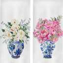 Chinoiserie Kitchen Towels Set - Floral Blue and White Chinoiserie Dish Towel, Floral Blue and White Hand Tea Towels for Bathroom Kitchen, 16x24 Inch Set of 2