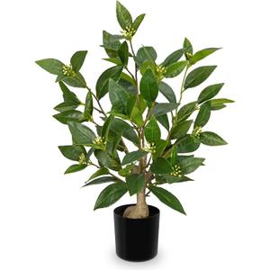 Briful Fake Plants 18.8'' Tall Artificial Plants Indoor Decor, Faux Bay Laurel Plant with Flowers in Black Pot, Floor Plant Houseplant for Home Farmhouse Outdoor Patio Porch Decorations
