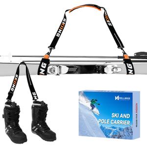 Mellbree Ski & Pole Carrier Straps, Snowboard, Pole and Boot Carry Sling Straps with Cushioned Shoulder Extended Ski Pole Strap for 2 Poles Easy Transportation of Your Ski Gear