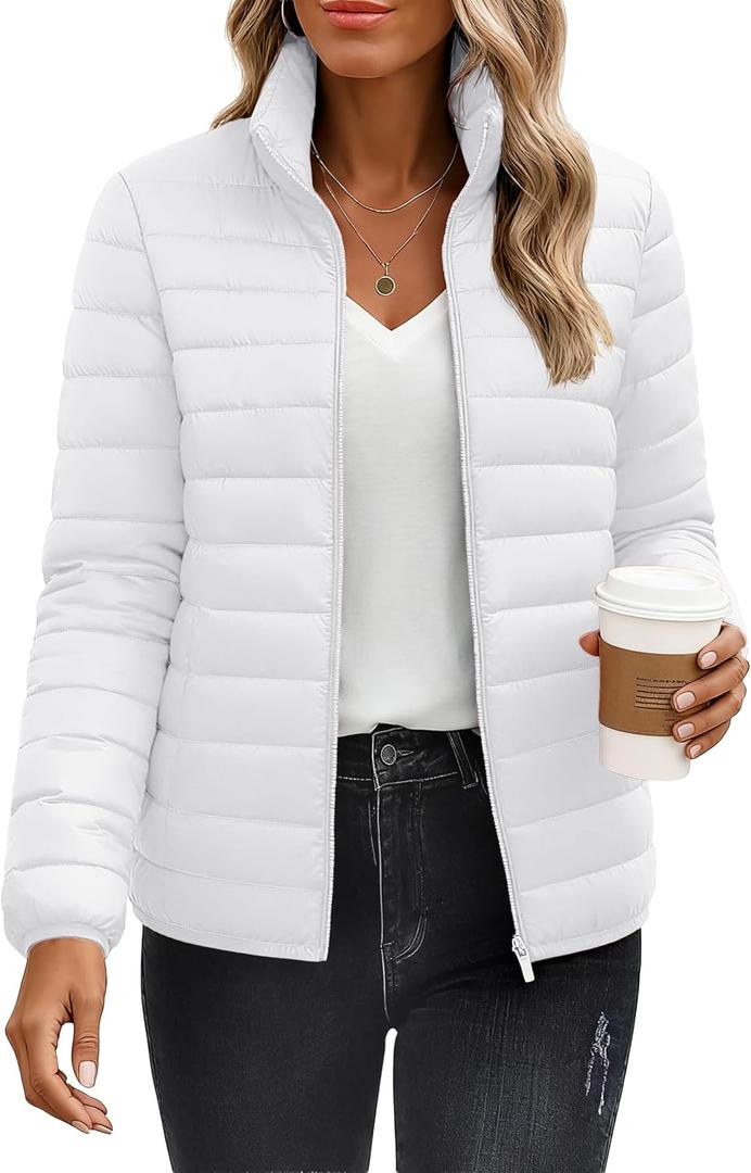 YUCOLEN Women's Puffer Jacket Lightweight Packable Quilted Jackets Winter Stand Collar 4 Pockets Zip Up Padded Coat Outwear (White, M)