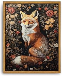 Djmwtb Framed Vintage Wall Art, Fox wall Decor, Nature Botanical Wall Art for Bedroom Decor, Flower Pictures Paintings Animal Canvas Artwork Prints for Living Room 16x24in