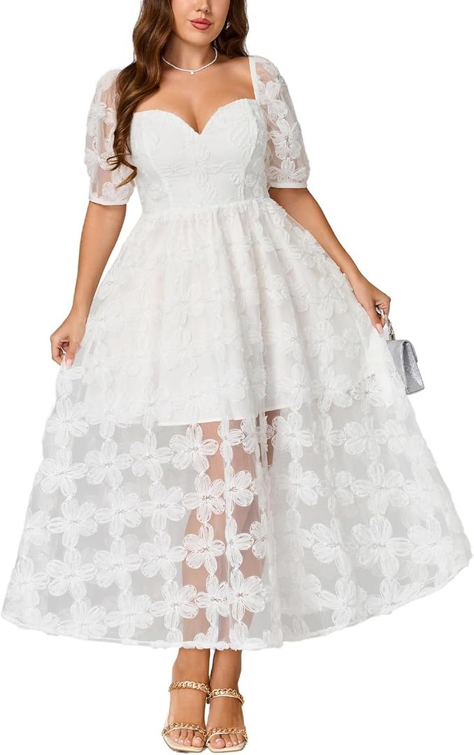 EYWOL Women's Cocktail Formal Guest Dresses 3D Lace Sweetheart Neckline A Line Maxi Dresses (White), L