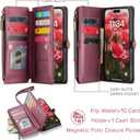 Defencase Compatible with iPhone 16 Pro Case Wallet with RFID Blocking Card Holder for Women Men, Soft PU Leather Magnetic Snap Flip Zipper Strap Wallet Phone Case Fit for iPhone 16 Pro 6.3", Wine Red