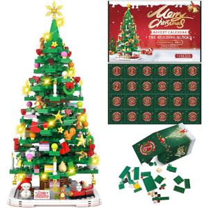 Advent Calendar 2025 Christmas Tree Building Toy Set with LED light, Christmas Countdown Calendar, 24 Days Building Block for Kids Adult Creative Gifts for Adults Teens Girls Ages 8+