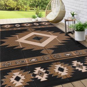 Outdoor Rug 9x12 ft for Patios Waterproof Reversible Plastic Straw Rug Patio Mat Clearance Outdoor RV Camping Mat Outside Area Rug Carpet for Porch,Deck,Camper,Balcony,Backyard (Geometry-black)