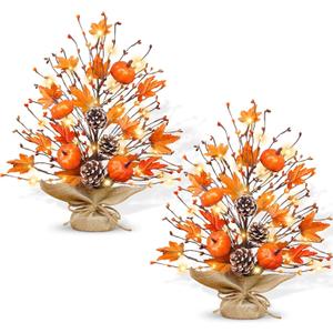 Timer - 2 Pack 18 Inch Lighted Fall Tree Thanksgiving Decorations, Fall Maple Tree with Pumpkins Pinecones 40 LEDs Battery Operated, Artificial Tabletop Trees for Thanksgiving Table Decor Home Indoor