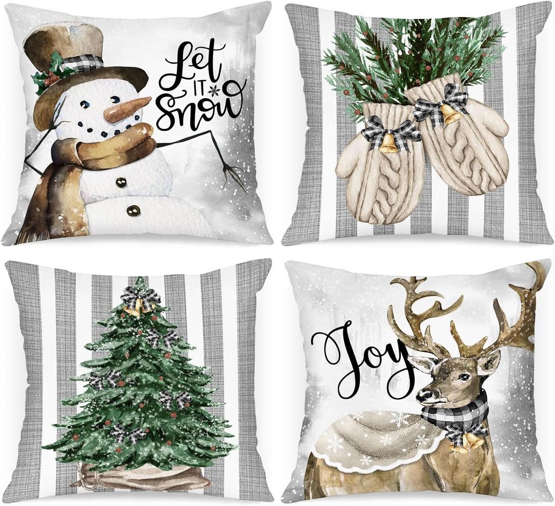 Lanpn Winter 14x14 Christmas Throw Pillow Covers Set of 4, Xmas Snowman Gloves Elk Eucalyptus Winter Decorative Holiday Pillow Case Cushion Cover 14 x 14 for Indoor Home Bedroom Sofa Couch