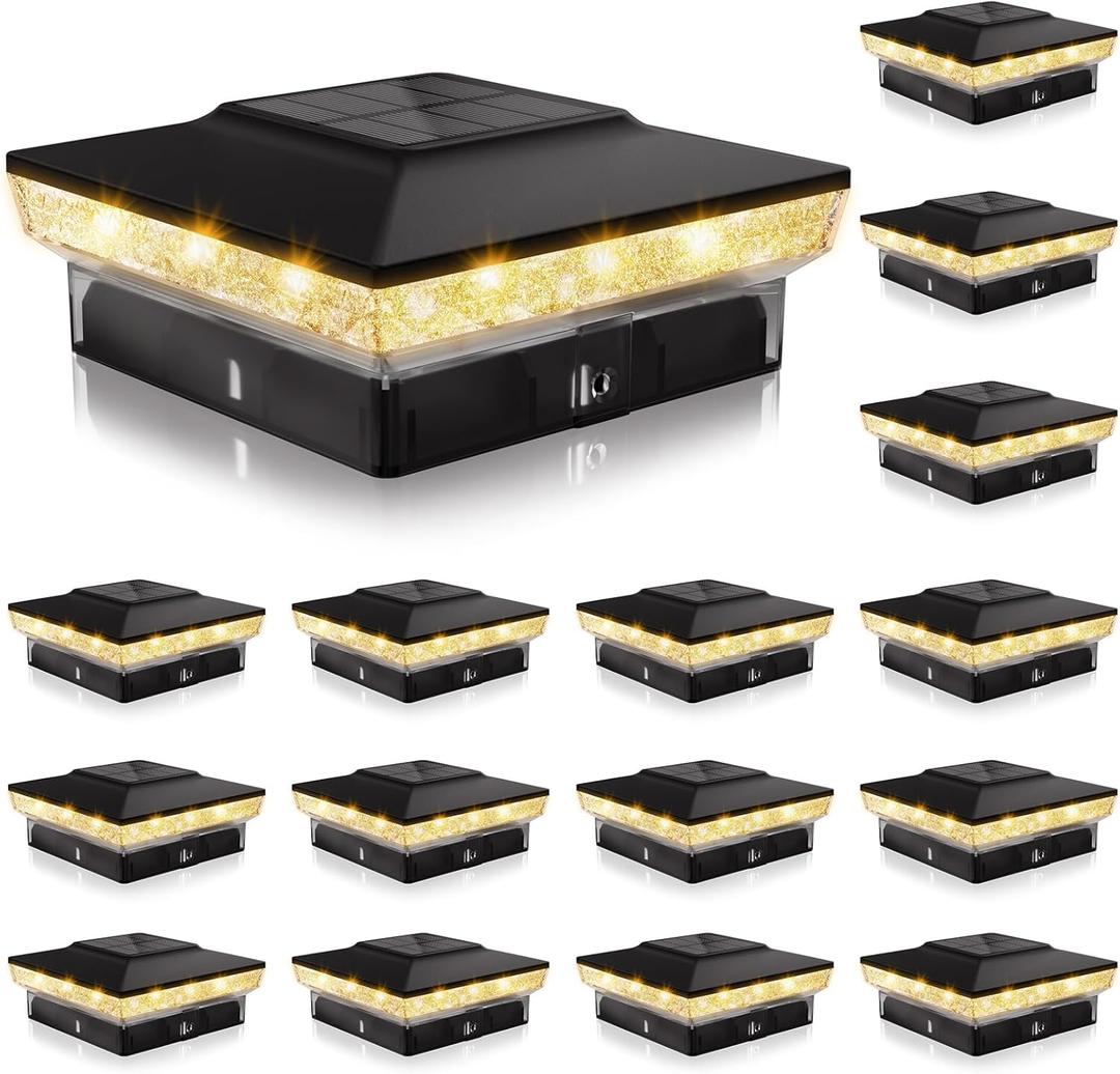 VOLISUN Solar Post Cap Lights, 4x4 Solar Deck Post Lights Outdoor, IP64 Waterproof Deck Post Lights Solar Powered (16 Pack Black)