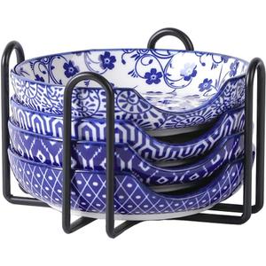 Selamica Ceramic Spoon Rest with Holder, 4.8 Inch Spoon Rest for Stove Top, Spoon Holder for Kitchen Counter, Coffee Spoon Holder, Utensil Rest for Cooking, Ladles, Tong, Set of 4, Vintage Blue