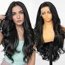 KOME Black Synthetic Lace Front Wig, 13×6 Body Wave Pre Plucked HD Glueless Wig for Women, Natural Daily Use Hair Wig 28IN