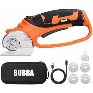 BUBRA Cordless Electric Scissors, 4V Cardboard Cutter with 4 Blades, Rechargeable Box Cutter up to 1/3", with Storage Bag, Safety Lock & LED Light, Electric Scissors for Cardboard, Fabric & Carpet