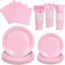 175 PCS Pink Paper Plates and Napkins Set, Pink Party Supplies for 25 Guests Include Scalloped Plate Paper Napkins Cups Knife Fork Spoon for Baby Shower, Birthday, Wedding, Easter Party, Mother's Day
