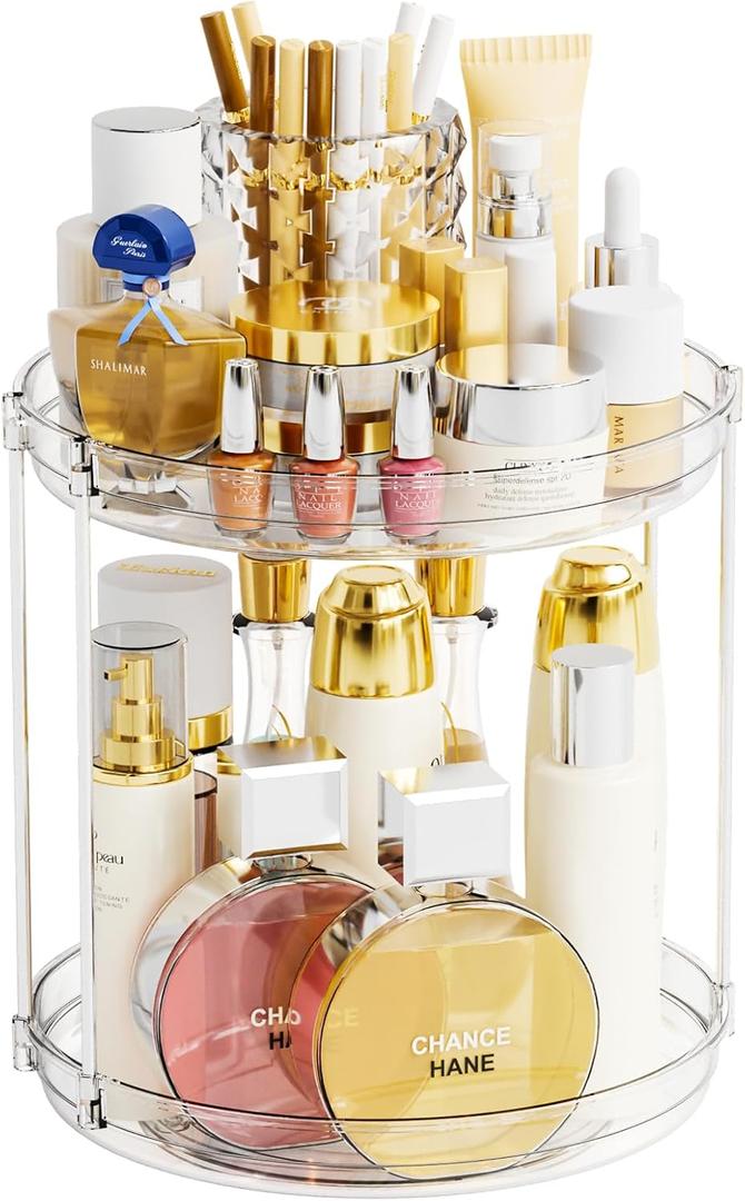 Yieach Clear 360 Rotating Bathroom Counter Organizer,2 Tier Spinning Perfume Organizer and Makeup Tower for Lotion, Hair, Face Skincare Beauty Products, Tiered Lazy Susan and Makeup Organizers for Vanity