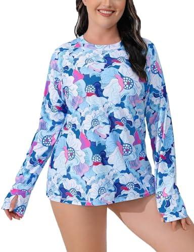 Halcurt Women's Plus Size Long Sleeve Rash Guard Swim Shirt with Thumb Holes UPF50+ Sun Protection Swimsuit Top, Size 1X
