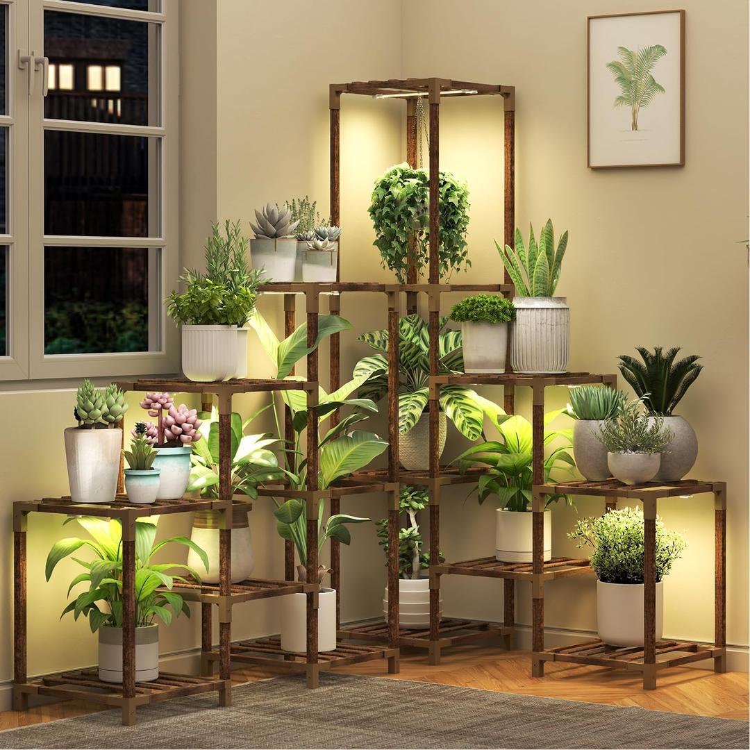 HOMKIRT Large Corner Plant Stand with Grow Light, Plant Shelf Indoor Flower Stand for Living Room Patio Garden Home Decor