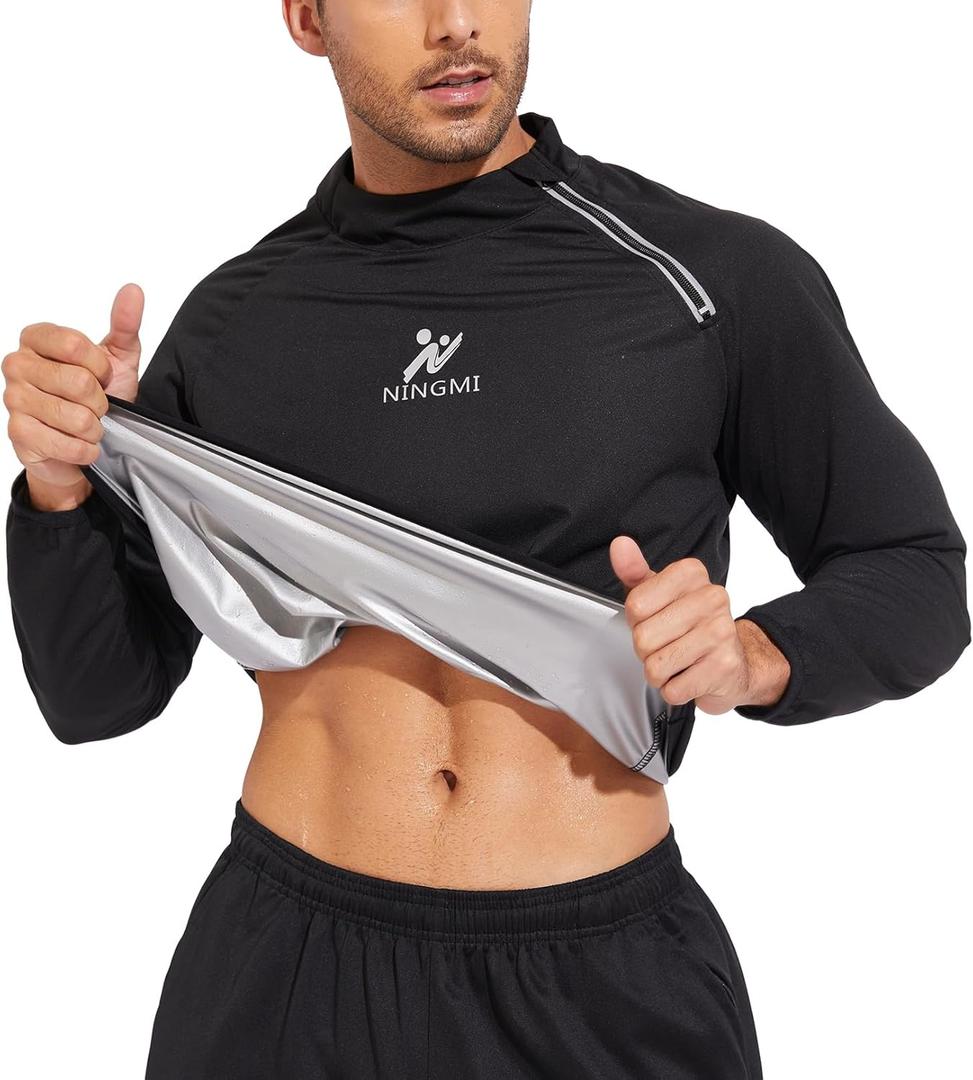 NINGMI Sauna Jacket Men Sweat Shirt Gym Workout Jacket Fitness Boxing Exercise Long Sleeve Sauna Sweat Suits (Large, Black-half Zipper)