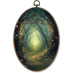 LKETW Vintage Fantasy Forest Oval Wall Art Decor, Rustic Nature Enchanted Forest Oval Canvas Hanging Decor, Mystical Cottagecore Wall Decorations for Home Bedroom Living Room, 8.6x11.4 Inch
