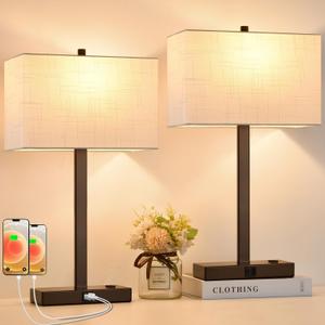 Lynnoland 21" Set of 2 Table Lamps with 2 USB & AC Outlets, Touch Control 3-Way Dimmable Bedside Lamps for Bedroom Living Room Office Reading, White Shade Bedroom Lamps, 2700K LED Bulbs Included