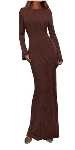 PRETTYGARDEN Women's Fall Fashion Long Sleeve Maxi Dress Ribbed Knit Boat Neck Bodycon Casual Dresses Going Out Outfits
 XS