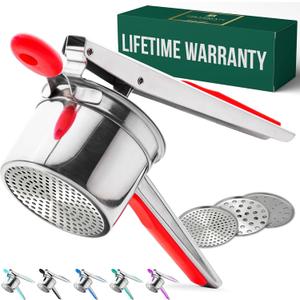 Bellemain 15 oz Large Potato Ricer | Heavy-Duty Stainless Steel Potato Ricer & Masher | Perfect for Mashed Potatoes | Kitchen Tool with 3 Interchangeable Discs (Red)