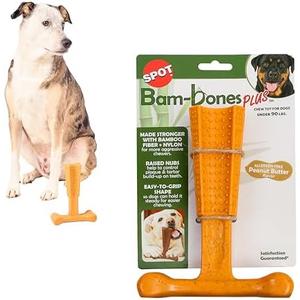 SPOT Bam-Bones Plus T Bone - Bamboo Fiber & Nylon, Durable Long Lasting Dog Chew for Aggressive Chewers – Toy for Dogs & Puppies Under 90lbs, Non-Splintering, 7in, Allergen Free Peanut Butter Flavor