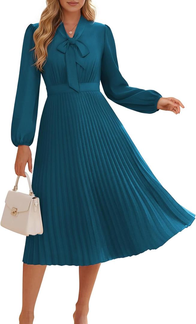 GRACE KARIN Womens 2025 Fall Long Sleeve Dress, Casual V Neck Pleated A Line Flowy Midi Dresses (18, Blue Grey)