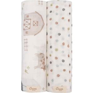 Crane Baby Charlie 2-pc. Farmhouse Tractor Dot Swaddle Set, 100% Cotton Muslin Swaddle for Newborns, Baby Boy Blanket Neutral, Infant Receiving Blankets for Boys, Rustic Farm Nursery Decor