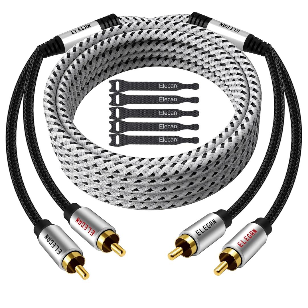 Elecan Premium RCA Cable 30 Ft (Hi-Fi Sound-16 AWG-Shielded) 2 RCA Male to 2 RCA Male Stereo Audio Cable, Gold Plated-Aluminum Alloy Shell-Pure Copper-Braided RCA Cord for Home Theater Speakers + Ties
