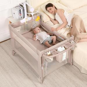 Pack and Play, 4 in 1 Baby Playard Portable Crib, Bassinet, Bedside Sleeper, Changing Table & Playpen | Breathable Mesh | Safe & Foldable for Newborns to Toddlers (Beige)