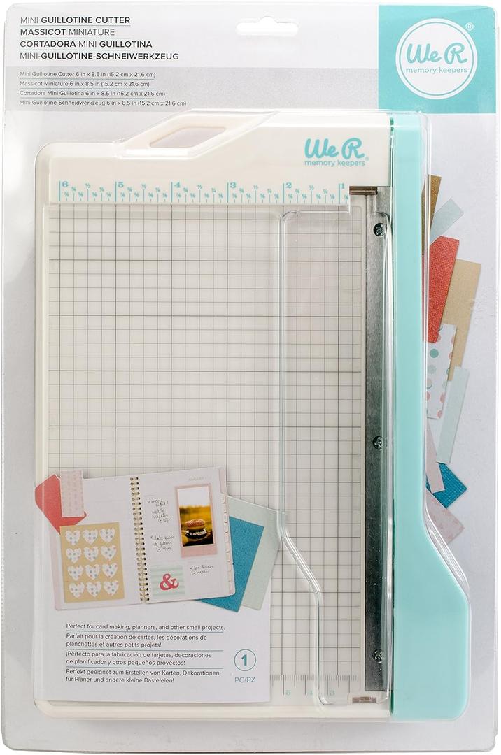We R Memory Keepers Mini Guillotine Paper Trimmer  Blue, Compact Paper Cutter, 1/4-Inch Grid for Precision Cutting, Cuts Up to 3 Sheets, Perfect for Card Making, Journals, and Small Craft Projects