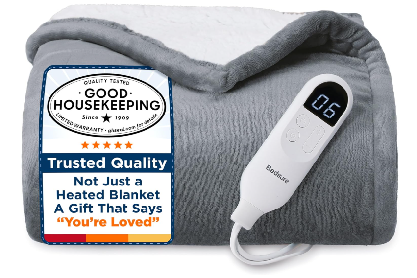 Bedsure Heated Blanket Throw Blanket  Fast Heating Electric Blanket, Soft Flannel Heated Throw with 4 Time Settings, 6 Heating Settings, Warm Gifts for Grandma & Grandpa & Seniors (50“x60”, Grey)