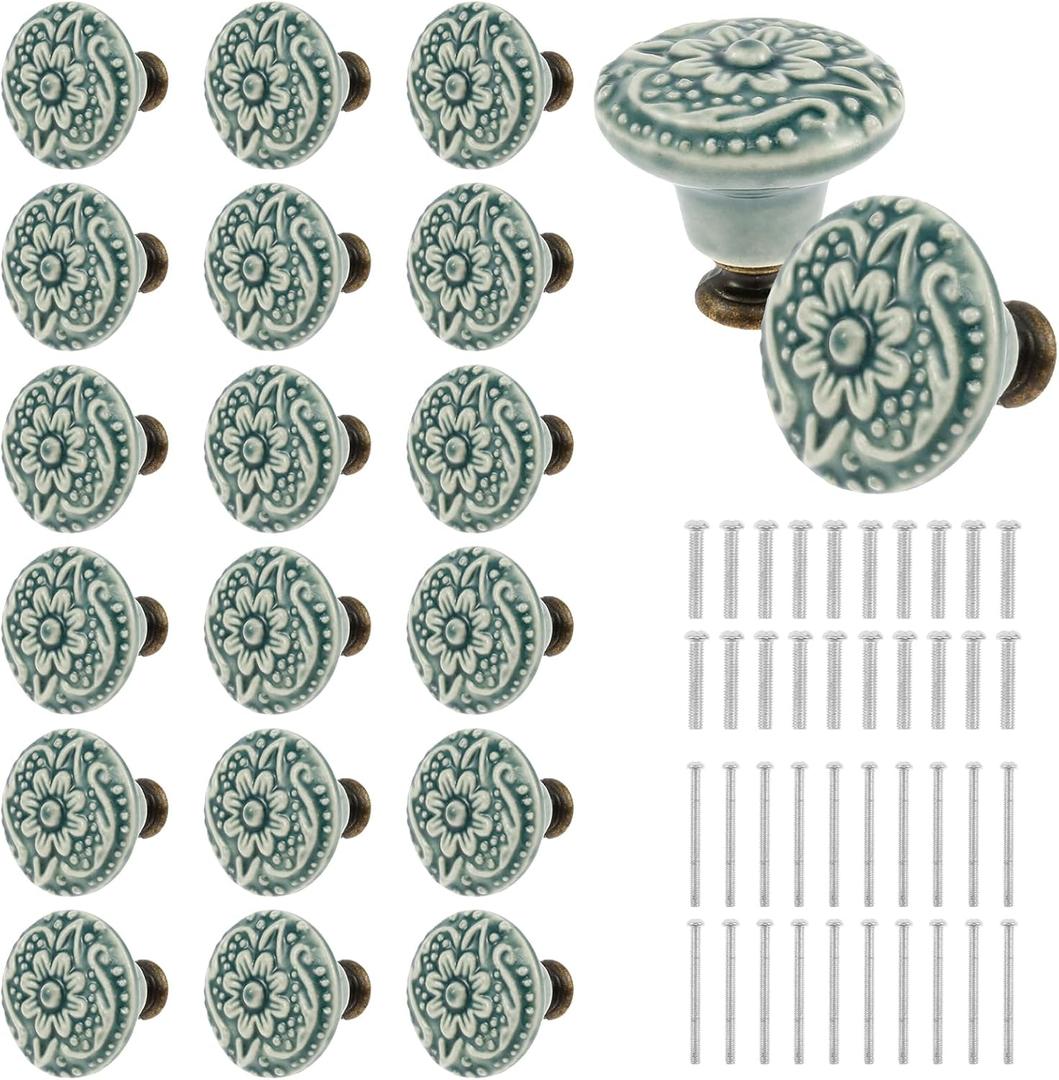 20Pcs Green Ceramic knobs, Kitchen Cabinet Knobs, Retro Dresser Knobs, Drawer Knobs, Furniture Decorative Knobs and Pulls for Drawer, Dressers, Cupboard, Closet, 34mm / 1.3Inch Diameter