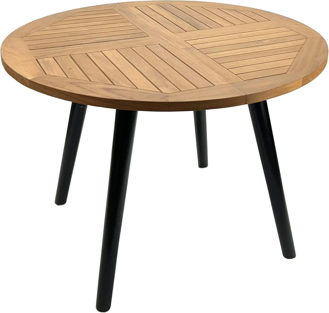 Genuine Solid Teak Round Teak 42 Inch Diameter Outdoor Dining Lounge Patio Table with Ebonized Wood Legs, 29.5 Inch Height