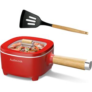 Audecook Hot Pot Electric 2L, Cermic Glaze Non-Stick Frying Pan 8 Inch, Portable Travel Cooker for Ramen/Steak/Fried Rice/Oatmeal/Soup, with Dual Power Control (Silicone Spatula Included)