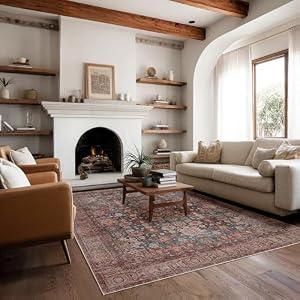 Kuden 8x10 Area Rug, Machine Washable Area Rug with Non-Slip Backing, Vintage Style, Soft, Easy Clean, Low Pile Rug for Living Room, Bedroom, Dining Room