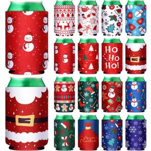 Pickmesh 16Pcs Christmas Beer Can Sleeves Santa Claus Beer Can Cooler Cover 12oz Xmas Neoprene Can Holder Insulated Drink Can Cover for Beverage Can Bottle Winter Christmas Party Favor, 5.1x3.9 (Standard)